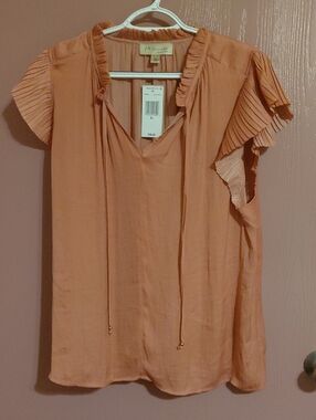 Philosophy Peach Pleated Flutter Sleeve Tie-Neck Blouse